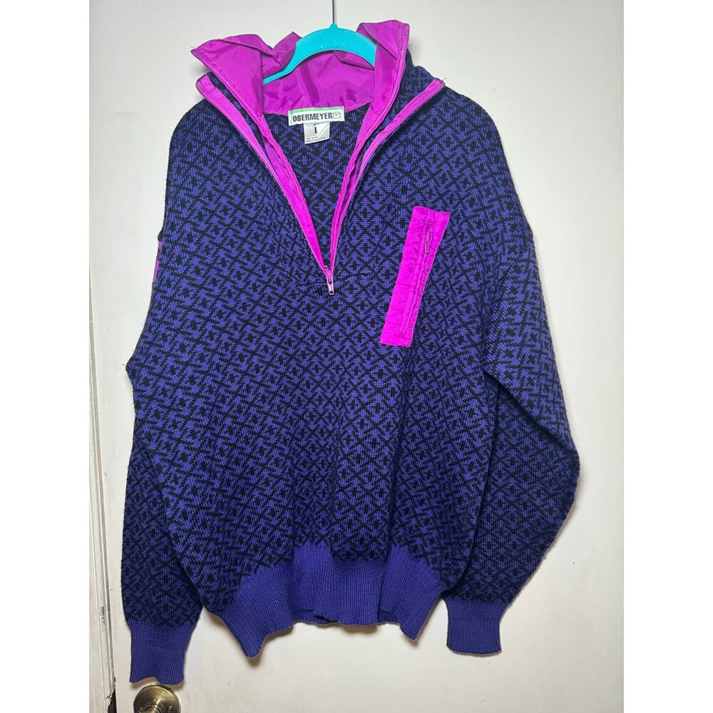 Vintage Obermeyer Kess Ski Sweater Men Large Purple Pink Part Zip Wool Mix Retro